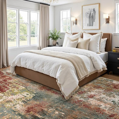 Washable Area Rugs 6'x9' Non-Slip Modern Abstract Soft for Living Room Entryway Bedroom Nursery, Print Pattern, Brown Rust Red Green Blue Multi