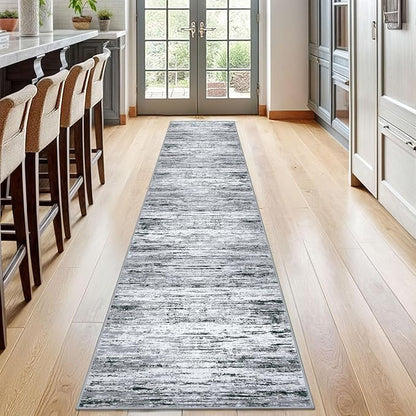 Lansny Modern Abstract Runner Rug 2x12, Black Grey White Washable Long Kitchen Runner Non-Slip Soft Hallway Rug Runner Thin Print Faux Wool Carpet for Entryway Bedroom Laundry Room Indoor Home Decor