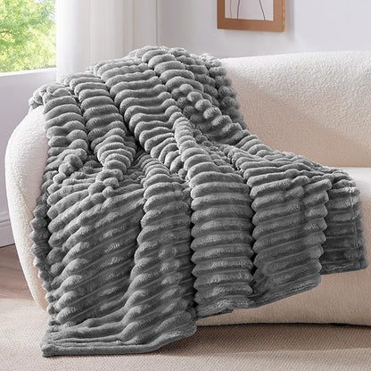 BEDELITE Fleece Throw Blanket for Couch - 300GSM Soft & Warm Fluffy Grey Blanket, Decorative and Giftable Striped Blankets for Women, Men, 50"x70"
