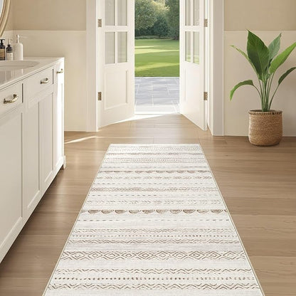 Nakagishi Runner Rug Kitchen Washable Rugs: 2x6 Non-Slip Boho Soft Modern Stain Resistant Indoor Floor Neutral Farmhouse Throw Carpet for Hallway Bathroom Laundry Room Entryway Bedroom- Beige