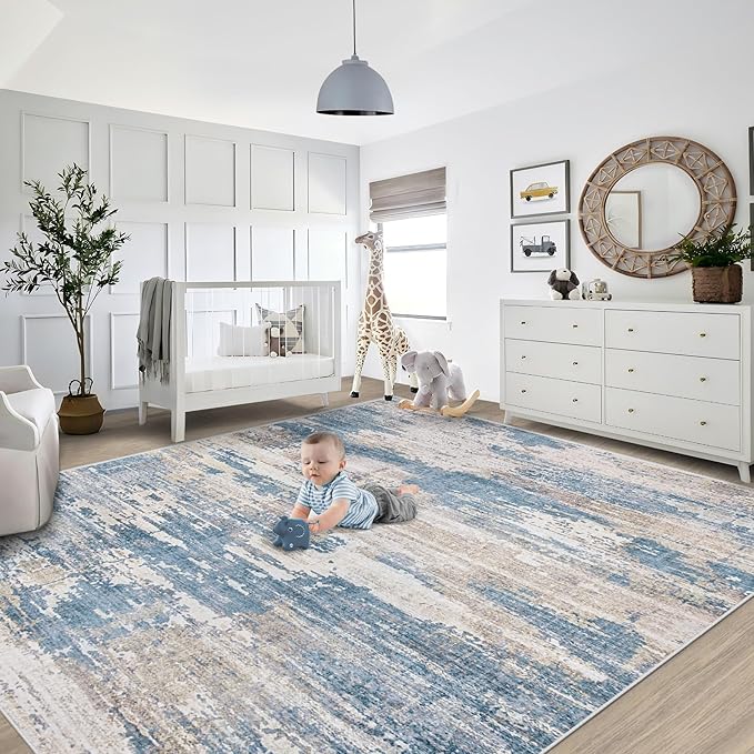 XLUEZ 8x10 Area Rugs for Living Room, Washable Modern Abstract Large Area Rug Neutral Soft Non Slip Kids Rug Stain Resistant Indoor Carpet for Bedroom Nursery Dining Room Playroom(BlueBeige, 8'x10')