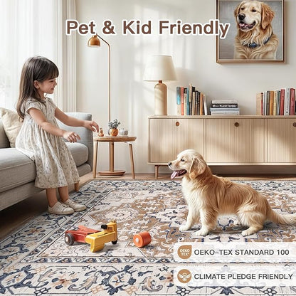 Lofus 8ft Area Rugs for Living Room, Washable Area Rug, Rugs for Bedroom, Kitchen, Vintage Boho Carpet, Soft Non-Slip, Low Pile Large Area Rug for Office Dining Room, Floral Brown