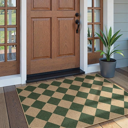 Lahome Colette Checkered Outdoor Patio Easy Jute Rug, 3x5 Dark Green Washable Front Porch Door Rug, Farmhouse Indoor Outdoor Carpet Non Slip Non Shedding Carpet for Entryway Living Room Deck