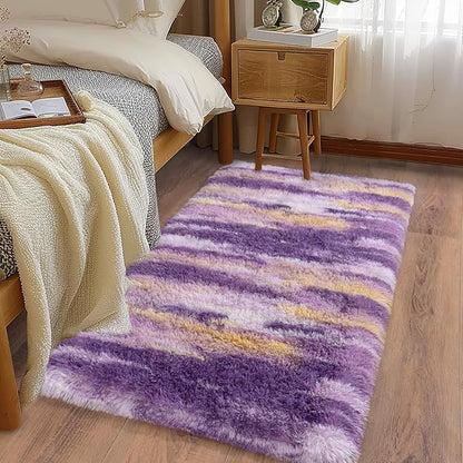 Soft Runner Rugs for Bedroom Hallways, 2x4 Abstract Purple Fluffy Shag Throw Area Rug Non Slip for Bedside Dorm, Long Shaggy Furry Carpet for Nursery Living Room