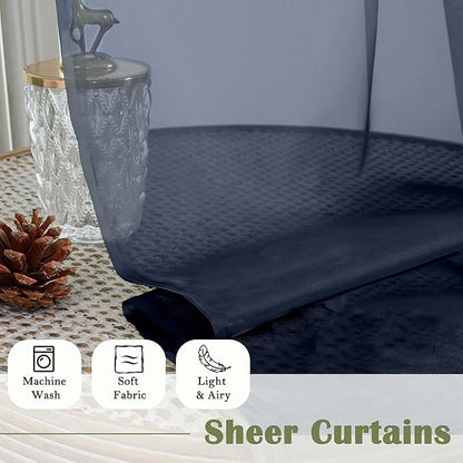 Lecloud Navy Blue Sheer Curtains 63 Inch Length 2 Panels, Rod Pockets Window Treatments Light Filtering Bedroom Curtains for Living Room, Soft Home Drapes for Bathroom, Each Panel 59" W x 63" L