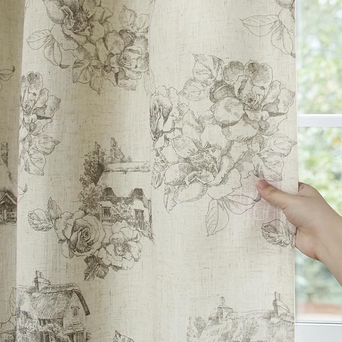 Yakamok Grey Floral Linen Curtains for Living Room 84 Inches Long,Printed Floral Curtains Farmhouse Grommet Bedroom Curtain 2 Panels