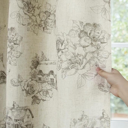Yakamok Grey Floral Linen Curtains for Living Room 84 Inches Long,Printed Floral Curtains Farmhouse Grommet Bedroom Curtain 2 Panels