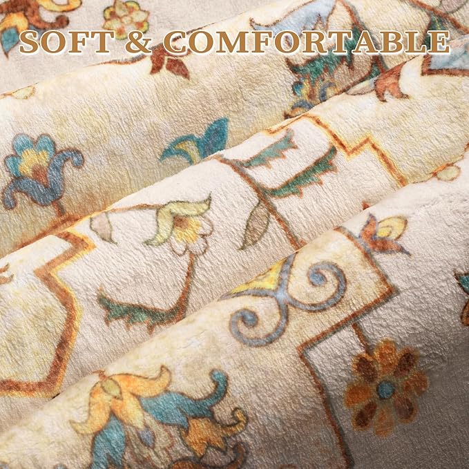 SERISSA Boho Area Rug 8x10 Light Yellow, Washable Large Rugs for Living Room, Ultra Soft Non-Slip Bedroom Rug Print Distressed Vintage Farmhouse Carpet Rug for Dining Room Dorm Office Home Decor