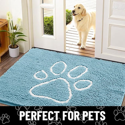 Smiry Dog Door Mat for Muddy Paws, Absorbent Dirt Trapper Non Slip Quick Dry Washable Chenille Mat for Mud Dogs, Entry Rug for Indoor and Outdoor (48x30 Inches, Sky Blue and White)