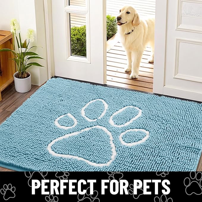 Smiry Dog Door Mat for Muddy Paws, Absorbent Dirt Trapper Non Slip Quick Dry Washable Chenille Mat for Mud Dogs, Entry Rug for Indoor and Outdoor (40x32 Inches, Sky Blue and White)