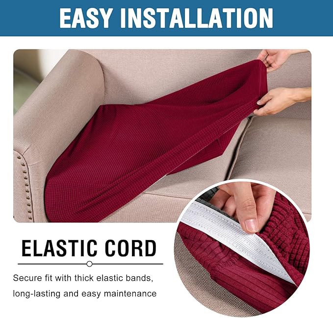 H.VERSAILTEX Super Stretch Couch Cushion Covers Sofa Cushion Slipcovers Jacquard Fabric Individual Seat Couch Slipcover Sets for Pets with Elastic Bottom(3 Packs Cushion Sofa Covers, Burgundy Red)