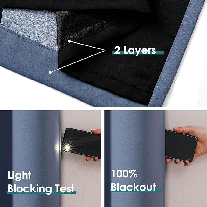 ChrisDowa 100% Blackout Curtains for Bedroom with Black Liner, 2 Thick Layers Total Blackout Thermal Insulated Grommet Window Curtains 2 Panels Set (Stone Blue, 42 x 84 Inch)