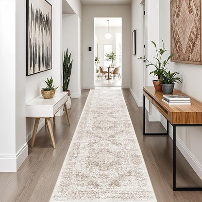 Washable 2'6''x12' Runner Rug - Non-Slip Vintage Runner Rug for Entryway Low-Pile Medallion Long Rugs for Hallway Waterproof Traditional Runner Rugs Indoor Thin Rug for Kitchen (Cream/Beige)