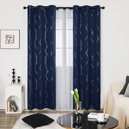 Deconovo Navy Blue Curtains, Blackout Curtain for Bedroom, 42 x 95 Inch, Thermal Insulated Soundproof Privacy Drapes with Silver Wave Dots Pattern, Grommet Top, Machine Washable Panel for Living Room