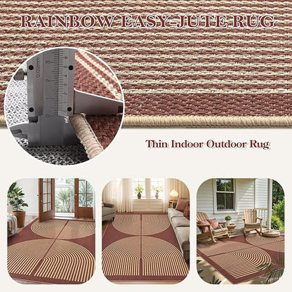 Lahome Enfys Modern Rainbow Easy Jute Outdoor Rug 5x7, Stain Resistant Red Dining Room Patio Rug, Farmhouse Non Slip Non Shedding Indoor Outdoor Carpet for Living Room Office Bedroom Deck Backyard