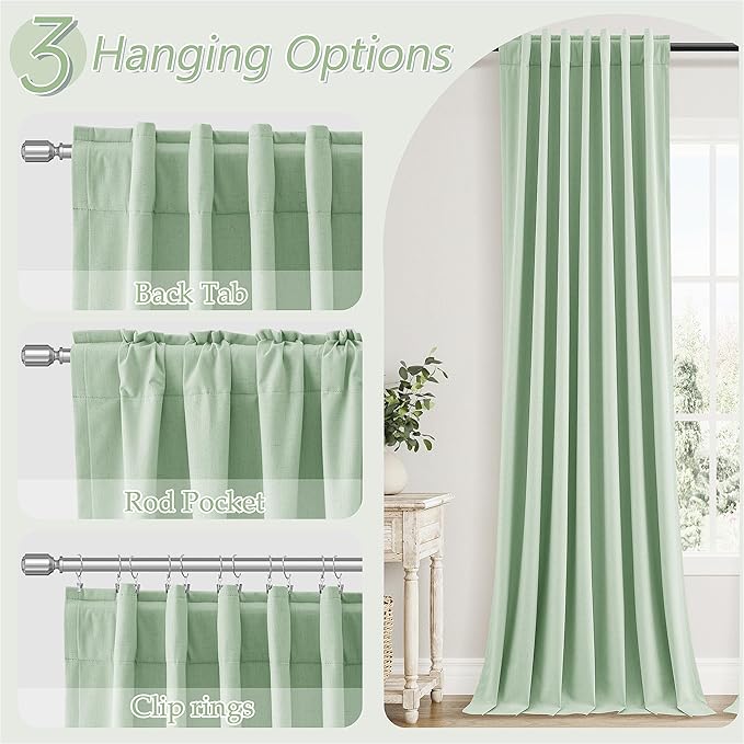 Aqua Green 100% Blackout Linen Curtains 96 Inch Length 2 Panels Set for Living Room Bedroom Back Tab Thermal Insulated Black Out Drapes Room Darkening Farmhouse Style for Bedroom Window Curtains
