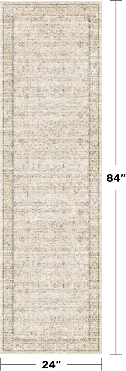 Beige Boho Bathroom Rug 2x7 - Non Slip Washable Floral Runner Rug for Kitchen Floor, Hallway, Farmhouse Entryway Mat with Geometric Pattern, Vintage Low Pile Stain Resistant Carpet