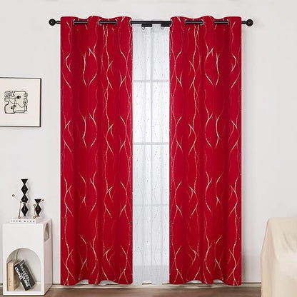 Deconovo Blackout Curtains, Christmas Red Curtain, Thermal Insulated Noise‑Reducing Drapes, Wave Line Dot Foil Print, 38 x 90 Inch, 2 Panels, Machine‑Washable Window Curtain for Party Home Decor