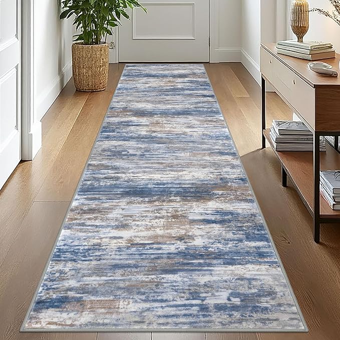 KOZYFLY Modern Abstract Washable Rug Runner 2.6x10 Hallway Rug Runner Non-Slip Soft Kitchen Runner Rugs, Blue Rust Striped Carpet for Entryway Bathroom Laundry Room Foyer