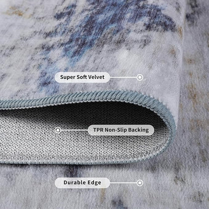 Toneed 2x6 Runner Rug Modern Abstract Hallway Rug Washable Non Slip Rubber Rugs for Kitchen Stairs Entryway Bedroom Living Room Printed Low Pile Foldable Accent Rugs Blue/White