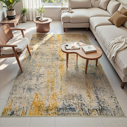 Area Rug 4x6 Beige Rug Washable Boho Rugs Non Slip Low Pile Abstract Small Carpet for Entryway, Bedroom, Kitchen, Classroom, Kids Room, Office, Dorm, Dining Room Light Tan