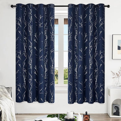 Deconovo Blackout Curtains, Navy Blue Curtain, Thermal Insulated Soundproof Drapes, Branch Silver Print, 52 x 72 Inch Long, Machine Washable Grommet Panels for Bedroom Living Room Office, Set of 2