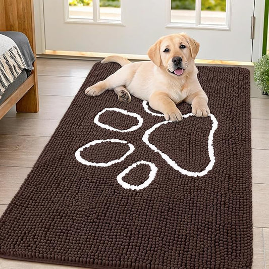 Smiry Dog Door Mat for Muddy Paws, Absorbent Dirt Trapper Non Slip Quick Dry Washable Chenille Mat for Mud Dogs, Entry Rug for Indoor and Outdoor (54x32 Inches, Brown and White)