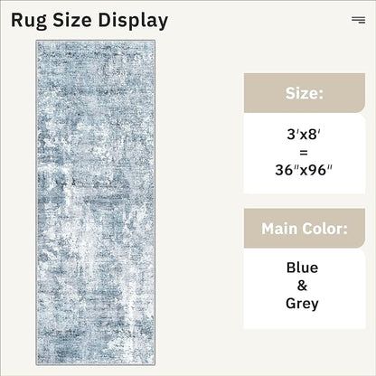 Runner Rug 3x8 Washable Non-Slip Hallway Runner Rugs for Kitchen Bathroom Laundry Room Blue/Grey Vintage Floor Carpet Runners for Hallways Entryway