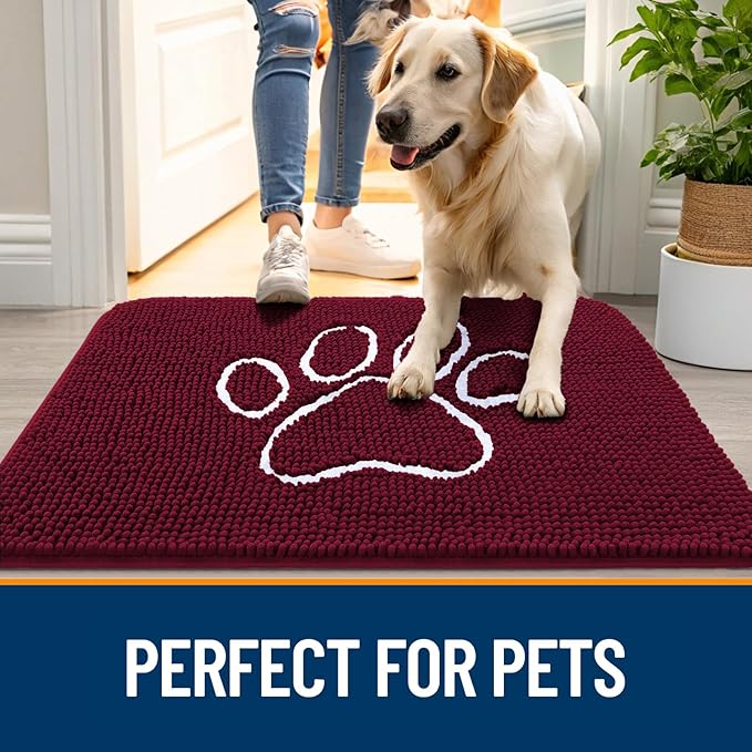 OLANLY Dog Door Mat for Muddy Paws 24x16, Paw Print Design, Absorbs Moisture and Dirt, Absorbent Non-Slip Washable Doormat, Quick Dry Chenille Mud Mat for Dogs, Entry Indoor Entryway Carpet, Burgundy