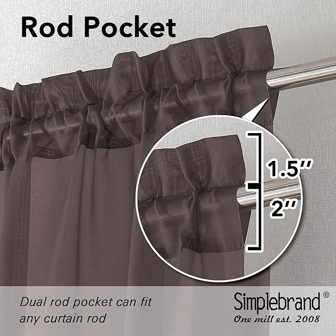 Simplebrand Chocolate Valances 14 Inches Long for Living Room Pocket 2 Panel Light Filtering Sheer Translucent Valence Toppers for Short Window Kitchen Bathroom Bedroom 42x14 Inch Length