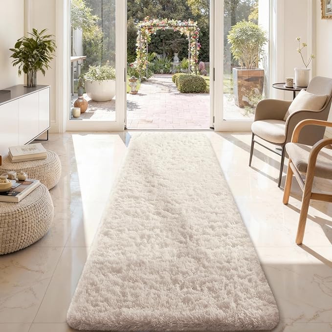 Ophanie 2x8 Runner Rug for Hallway, Upgrade Non-Slip Fluffy Soft Bedside Rugs, Bedroom Living Room Ivory Shaggy Carpet for Kids Girls Boys Dorm Nursery Home Decor Aesthetic