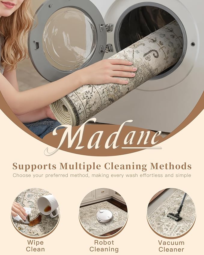 Madane Hallway Runner Rug 2'6''x10' Kitchen Runner, Non Slip Vintage Runners for Hallways Washable Kitchen Rugs Soft Low Pile 2.5x10 ft Rug Runner for Laundry Room, Entryway and Bedroom, Ivory/Brown