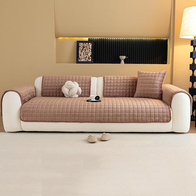 Velvet Couch Cover, Plush Sectional Sofa Cover Washable, Anti Slip Sofa Slipcover for Armrest & Backrest, Furniture Protector Covers for Pets & Kids(1PC, Dark Brown, 27.6"×27.6")