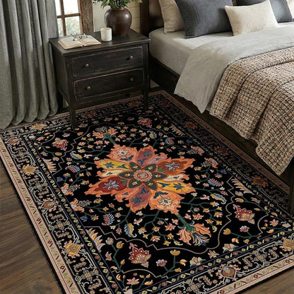 Area Rugs 5'x8' Washable Non-Slip, Floral Vintage Distress Print Pattern Medallion Carpet for Living Room Bedroom Dining Room, Black Colorful Floral Dark Tan