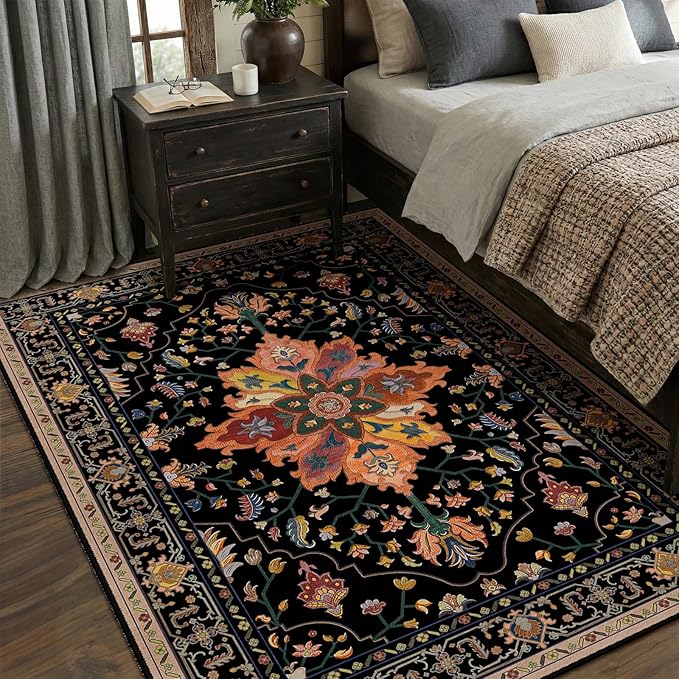 Area Rugs 5'x7' Washable Non-Slip, Floral Vintage Distress Print Pattern Medallion Carpet for Living Room Bedroom Dining Room, Black Colorful Floral Dark Tan