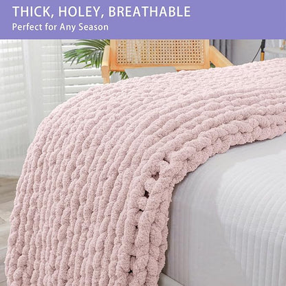 Bigacogo Chunky Knit Throw Blanket for Couch, 40x40 inches, 100% Hand Knitted with Thick Jumbo Chenille Yarn, Cozy Soft Large Rope Knot Cable Crochet Blankets for Sofa Bed Living Room, Rose Tan