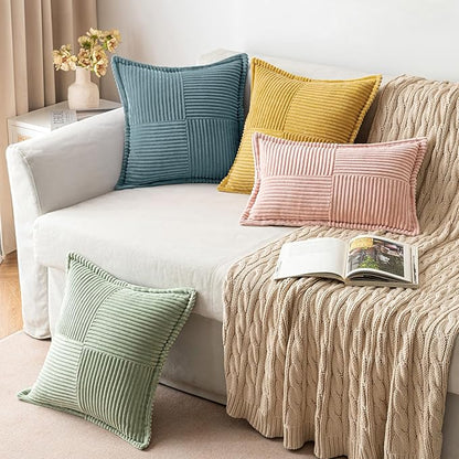 MIULEE Decorative Throw Pillow Covers for Couch Bed Livingroom 20x20 Inch Set of 2 Dusty Blue Boho Accent Throw Pllows Broadside Striped Patchwork Soft Corduroy Summer Coastal Pillowcases