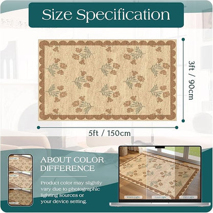 3x5 Floral Entry Rug - Small Washable Indoor Outdoor Mats for Front Door Non-Slip Jute-Look Porch Rug Boho Tan Scalloped Throw Rugs for Living Room Bedroom Entryway Kitchen Office Porch Decor
