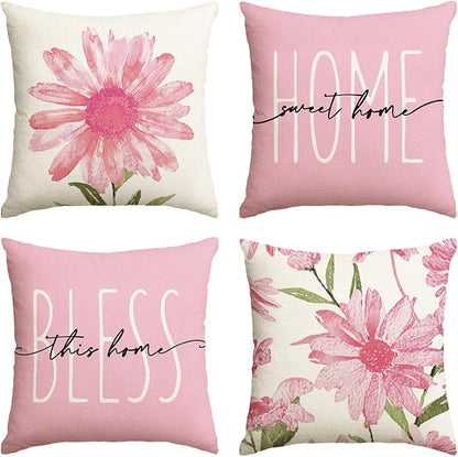 AVOIN colorlife Home Sweet Home Spring Summer Flowers Pink Throw Pillow Covers, 18 x 18 Inch Cushion Case for Sofa Couch Set of 4