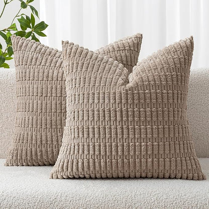 MIULEE Pack of 2 Corduroy Decorative Throw Pillow Covers 16x16 Inch Soft Boho Striped Pillow Covers Modern Farmhouse Home Decor for Sofa Living Room Couch Bed Light Brown