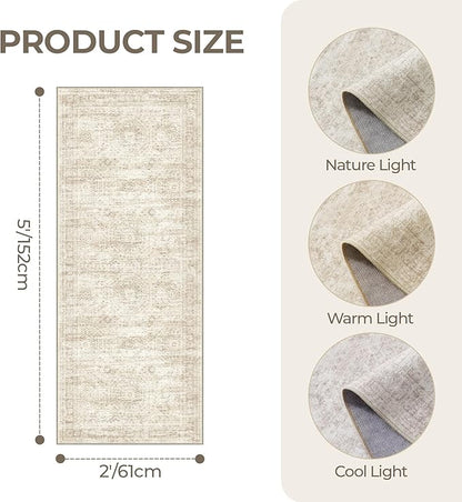 2x5 Rug Runner Washable for Entryway, Soft Bathroom Rugs with Non-Slip Backing, Abstract Low Pile Hallway Runner, Vintage Small Kitchen Carpet for Stair, Laundry Room(2'x5', Beige/Ivory)