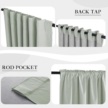 RYB HOME Light Green Curtains 100% Blackout, Linen Window Treatment Panels Thermal Insulated, Privacy Drapes for Living Room/Bedroom/Nursery, Rod Pocket & Back Tab, 2 Panels, W52xL84