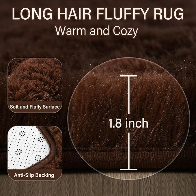Amearea Shag Fluffy Area Rug for Bedroom Girls Living Room, Extra Soft and Fuzzy Shaggy Rugs, Non Slip, Solid Color Carpet Mat for Boys Nursery Home, Brown 5.3x7.5 Feet