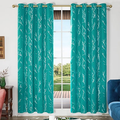 Deconovo Blackout Curtains, Thermal Insulated Soundproof Drapes with Tree Foil Print, 52 x 84 Inch, Set of 2, Machine Washable Window Curtain for Bedroom Living Room Nursery Kitchen Office, Turquoise