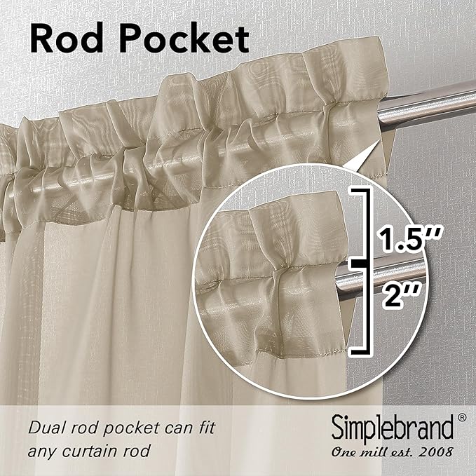 Simplebrand Taupe Sheer Curtains 72 Inches Long 2 Panels, Light Filtering Rod Pocket Solid Color Kakhi Taupe Brown Elegant Window Sheer Curtains & Drapes for Living Room, Bedroom (42" W x 72" L)