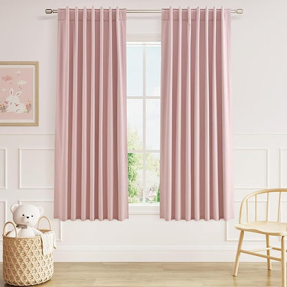 Guken 100% Blackout Linen Curtains 63 Inch 2 Panels Set for Girl's Bedroom, Living Room, Nursery, Back Tab Thermal Insulated Black Out Drapes Room Darkening, Pink