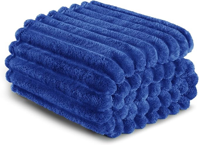 Exclusivo Mezcla Fleece Throw Blanket for Couch, Super Soft Striped Jacquard Bed Blanket, Lightweight Fuzzy Cozy for All Seasons, 50x60 Inches, Cobalt Blue