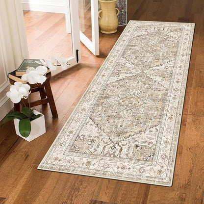 Yamaziot Washable Runner Rug, 2x5 Non-Slip Boho Vintage Hallway Rug Runner with Rubber Backing, Stain Resistant Faux Wool Distressed Carpet Runner for Kitchen, Laundry, Entrance, Beige Brown