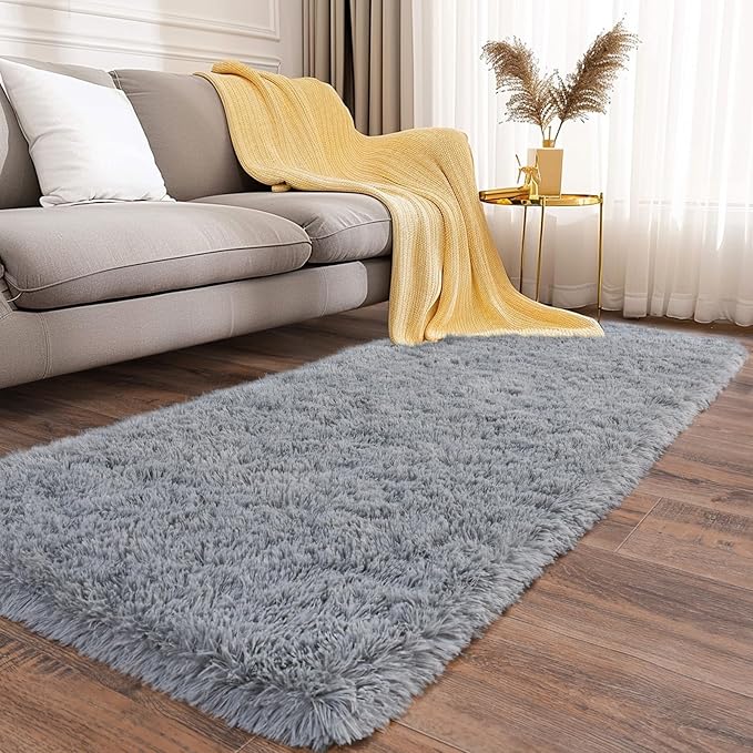 Fluffy Shag Runner Rugs for Bedroom Hallways, 2x8 Grey Long Soft Throw Area Rug Non Slip for Bedside Dorm, Shaggy Furry Carpet for Nursery Living Room Home Decor