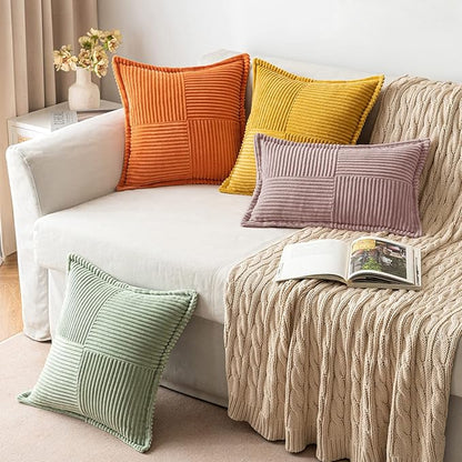 MIULEE Spring Decorative Throw Pillow Covers for Couch Bed Livingroom 18x18 Inch Set of 2 Blush Pink Boho Accent Throw Pllows Broadside Striped Patchwork Soft Corduroy Pillowcases Valentine Decor